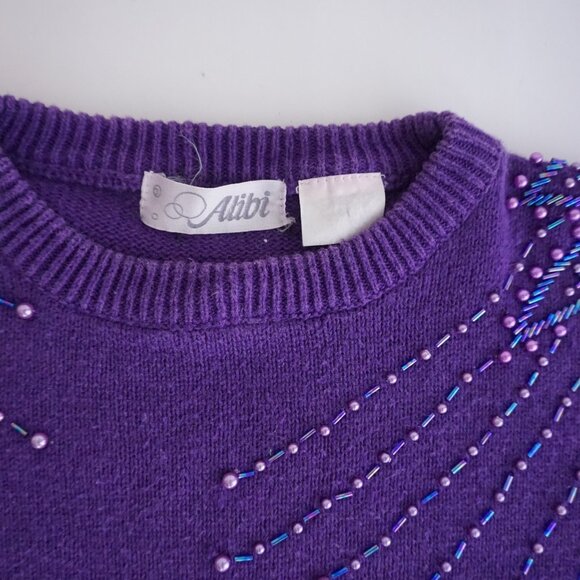 Vintage Alibi Beaded Sweater Purple 80s Whimsigoth Statement Glam S - Picture 10 of 10